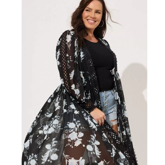 Torrid 1 Black Floral Chiffon Tie Front Maxi Kimono 1X 14 16 - Picture 2 of 12